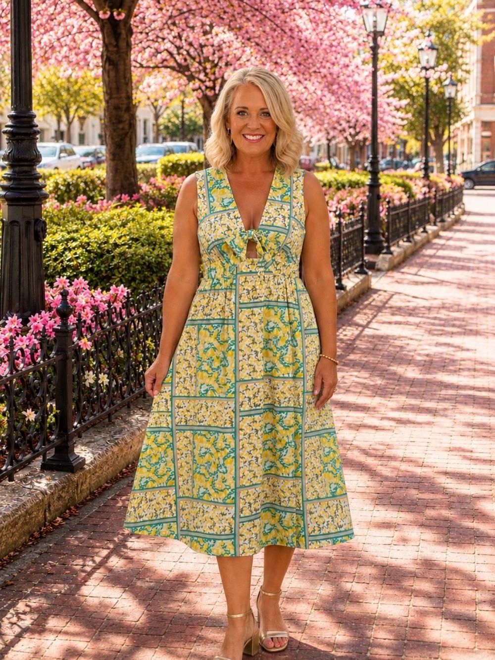 Yellow Lemon Print Tie-Front Midi Dress with V-Neck Size Large NWT